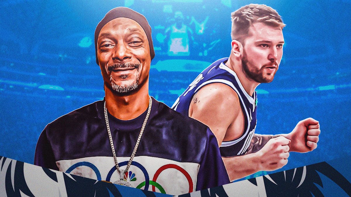 Luka Doncic looking intense while Snoop Dogg is smiling.