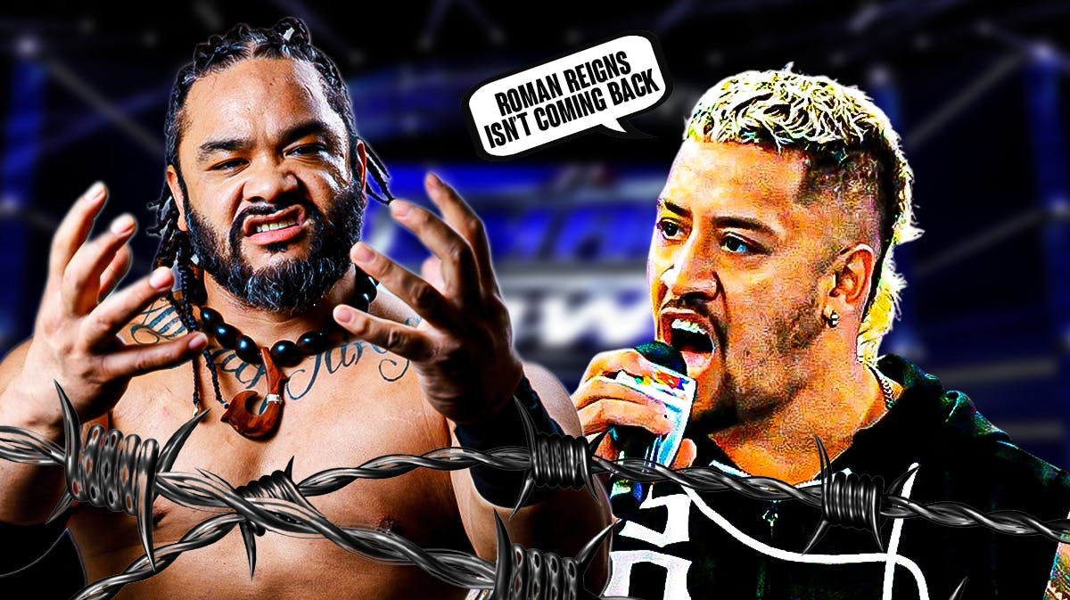 Solo Sikoa with a text bubble reading "Roman Reigns isn't coming back" next to Jacob Fatu with the SmackDown logo as the background.