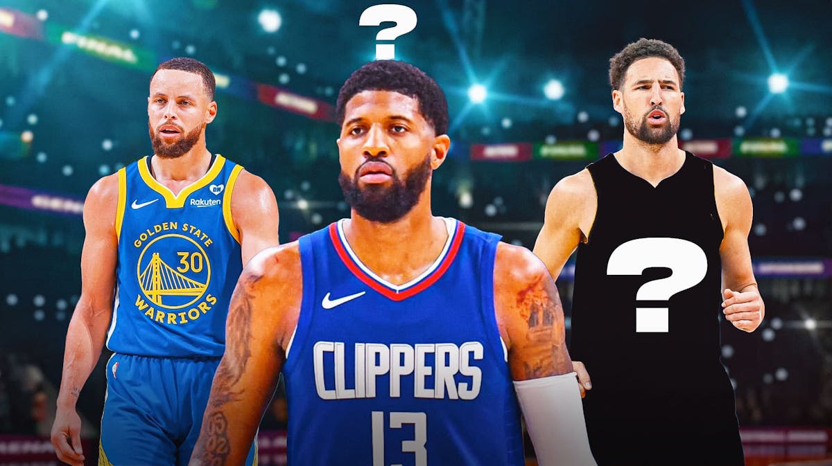 Paul George next to Warriors' Steph Curry and Klay Thompson with question mark jersey. NBA Free Agency