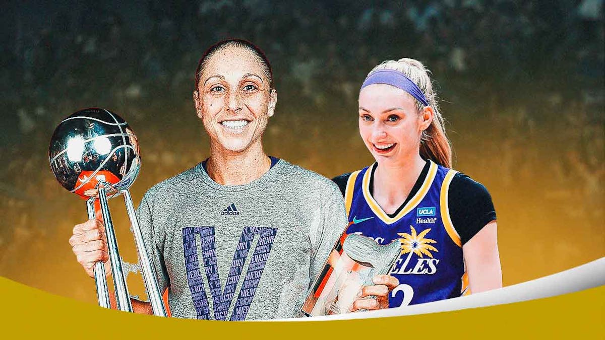 Mercury's Diana Taurasi holding the 2014 WNBA championship, with Sparks' Cameron Brink smiling next to her