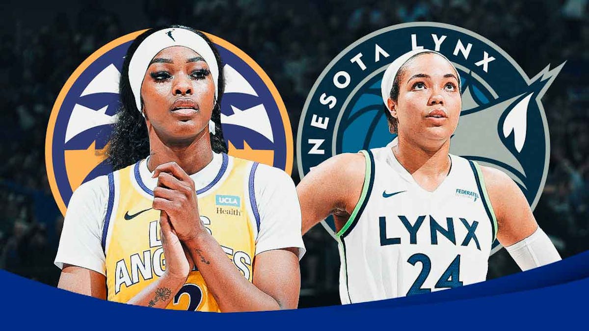 Rickea Jackson alongside Napheesa Collier with the Sparks and Lynx logos in the background