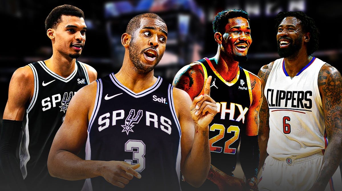 Chris Paul in a Spurs uniform, with Victor Wembanyama, 2021 Deandre Ayton (in Suns uniform), and 2016 DeAndre Jordan (Clippers uniform) all smiling