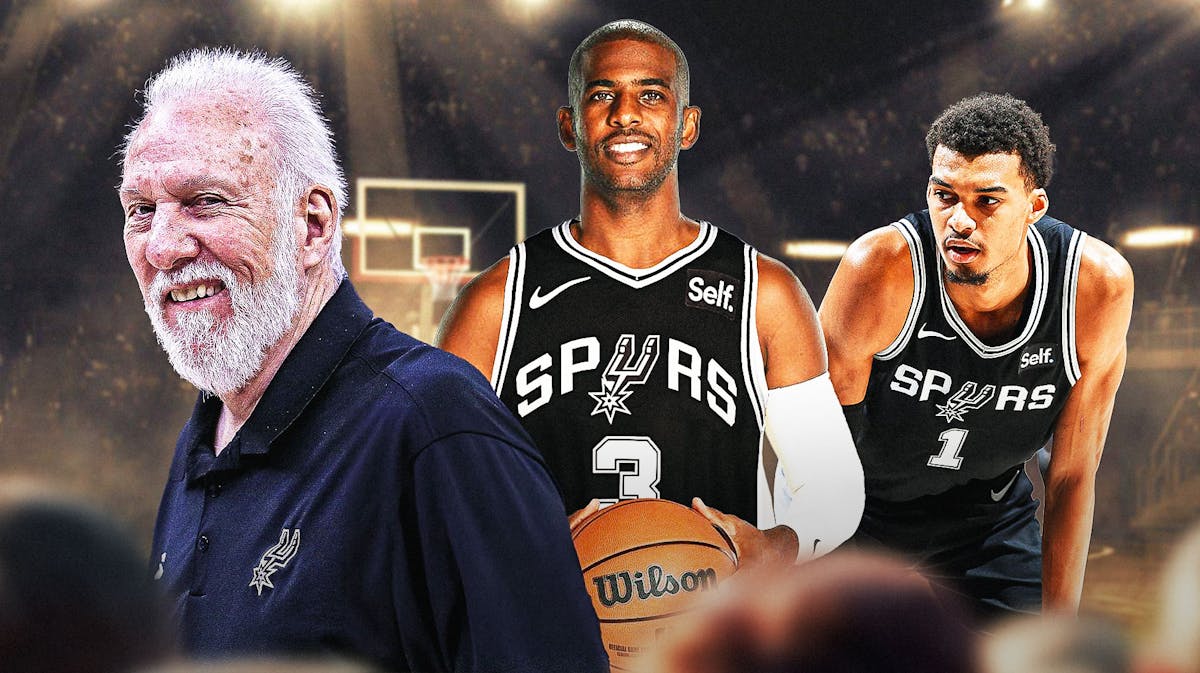 Spurs Victor Wembanyama and Gregg Popovich after acquiring Chris Paul in NBA Free Agency