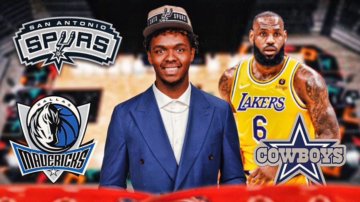 Harrison Ingram image, San Antonio Spurs logo, Dallas Mavericks logo, Dallas Cowboys logo, LeBron James image in background