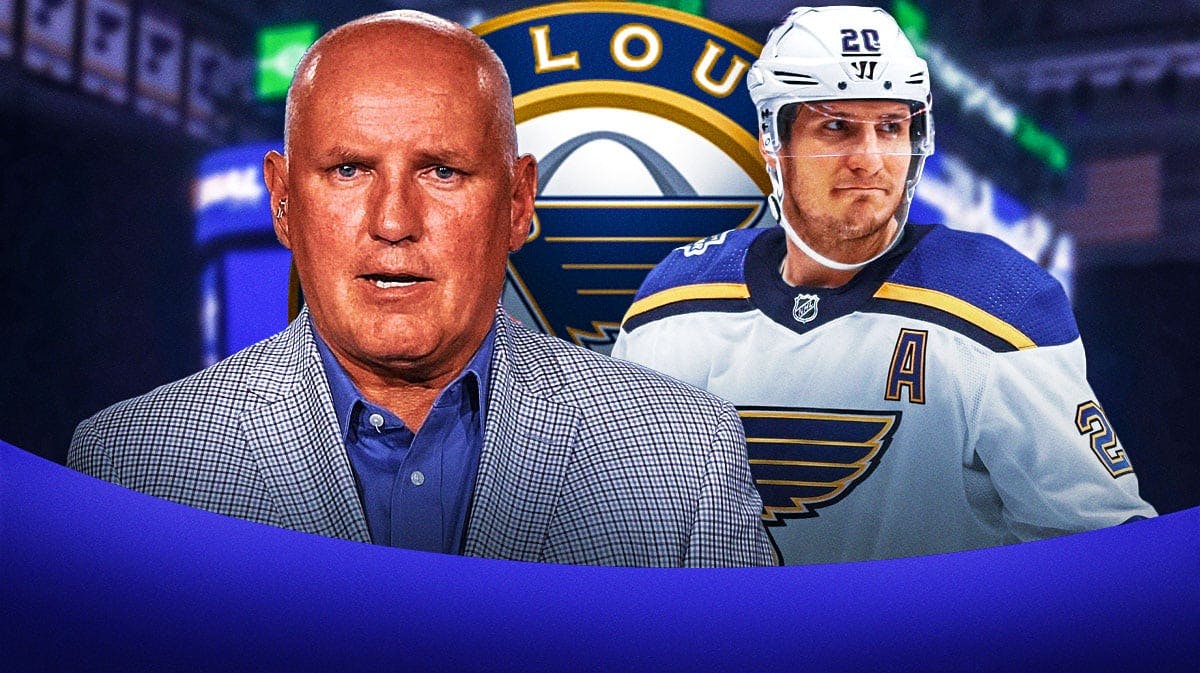 Doug Armstrong and Alexander Steen on either side of image both in suits looking happy, St. Louis Blues logo, hockey rink in background