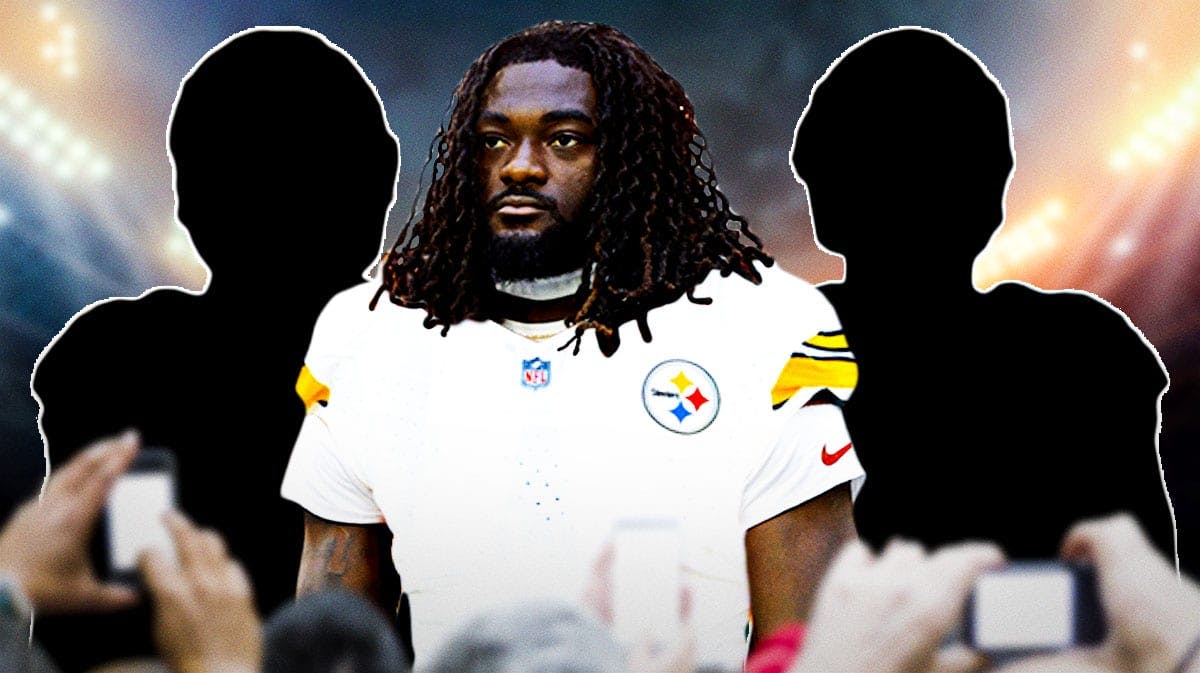 Brandon Aiyuk in a Steelers jersey in the center with a silhouette of Tee Higgins on one side and a silhouette of DeRon Bland on the other.