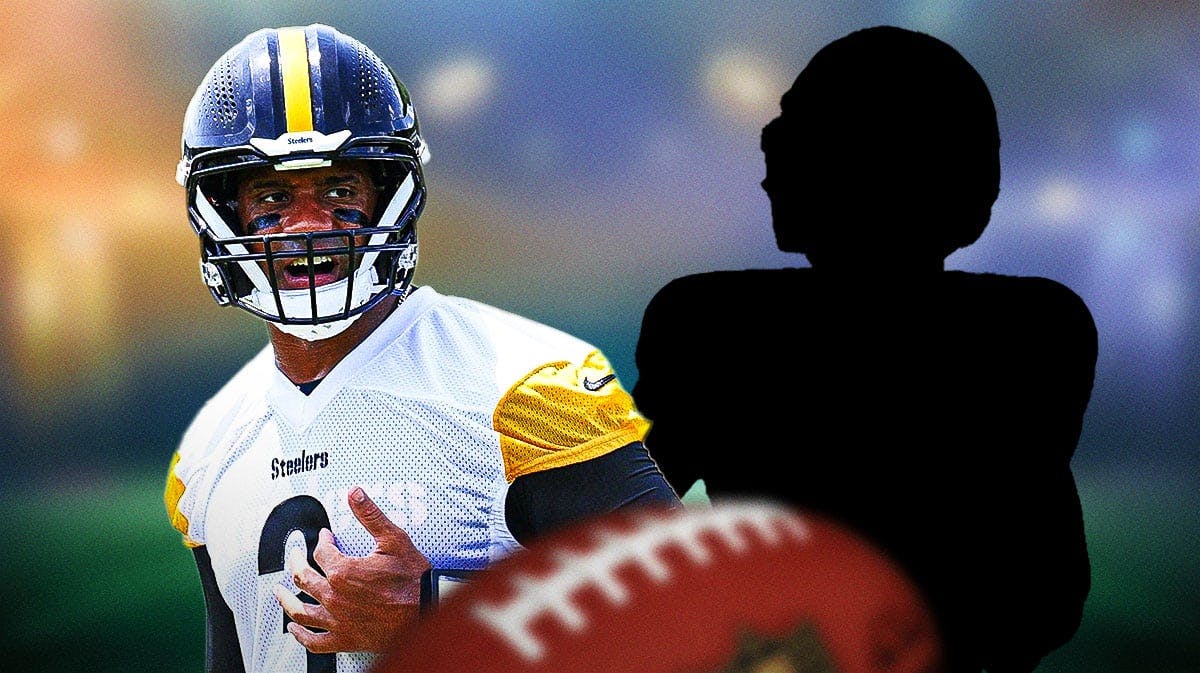 Van Jefferson as a silhouette. Russell Wilson in a Steelers uniform