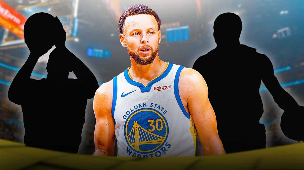 Stephen Curry with two mystery player silhouettes behind him