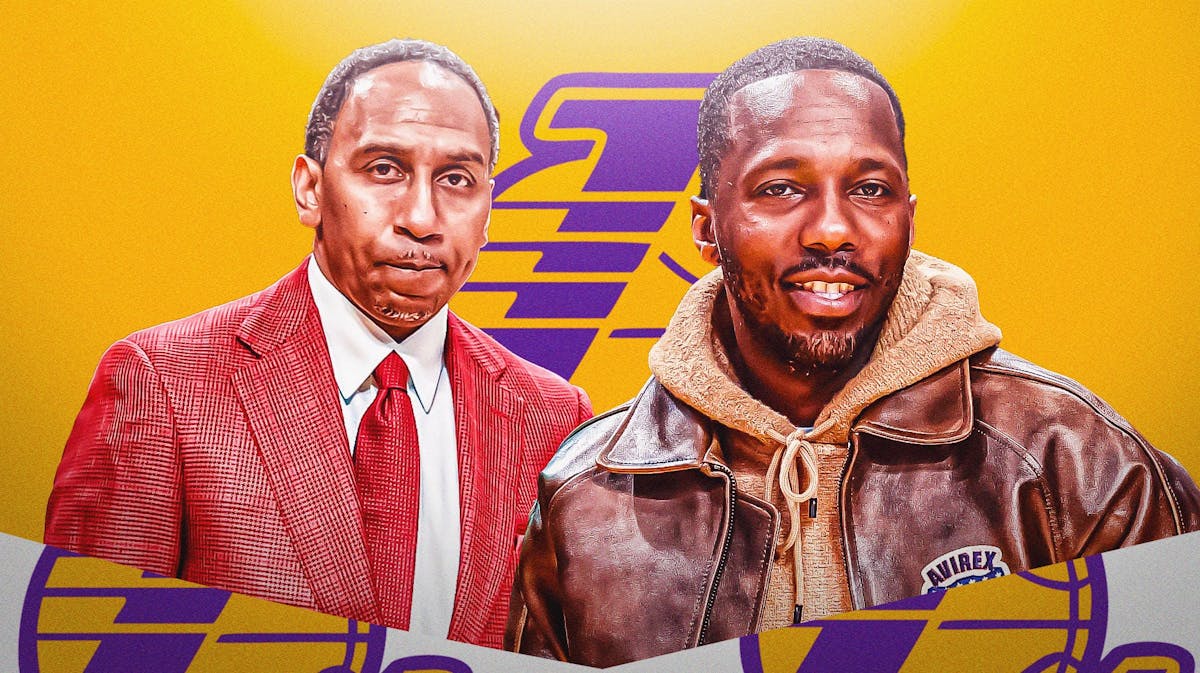 Stephen A. Smith stands beside LeBron James' agent Rich Paul, Lakers logo in background