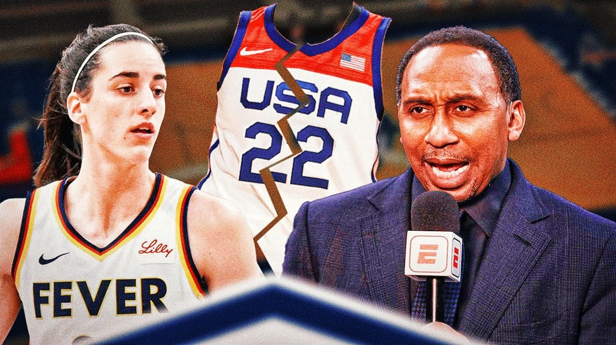 Stephen A. Smith angry, with Fever's Caitlin Clark looking confused, with a Team USA jersey ripped in half beside Clark