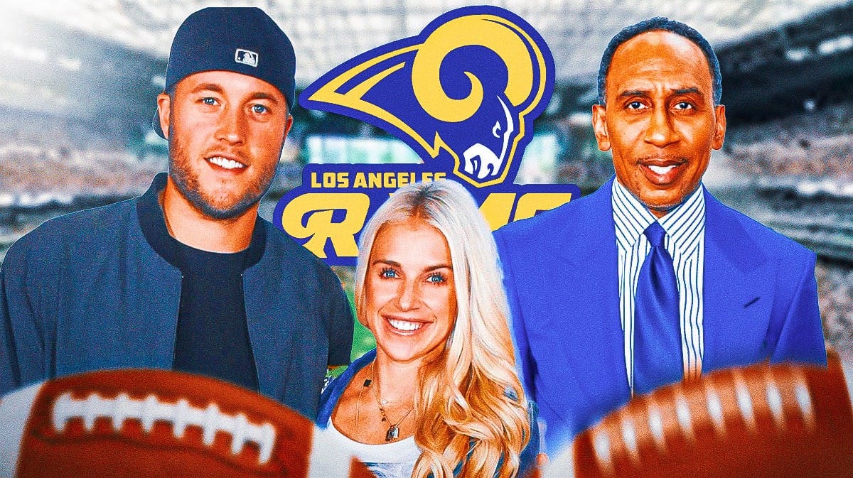 Los Angeles Rams QB Matthew Stafford with wife Kelly Stafford and American TV personality Stephen A. Smith. There is also a logo for the Los Angeles Rams.