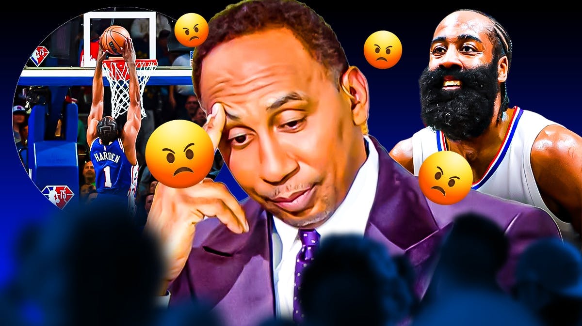 Stephen A. Smith angry, with angry emojis all over him, while Clippers' James Harden is smiling, with a picture of him dunking on the left