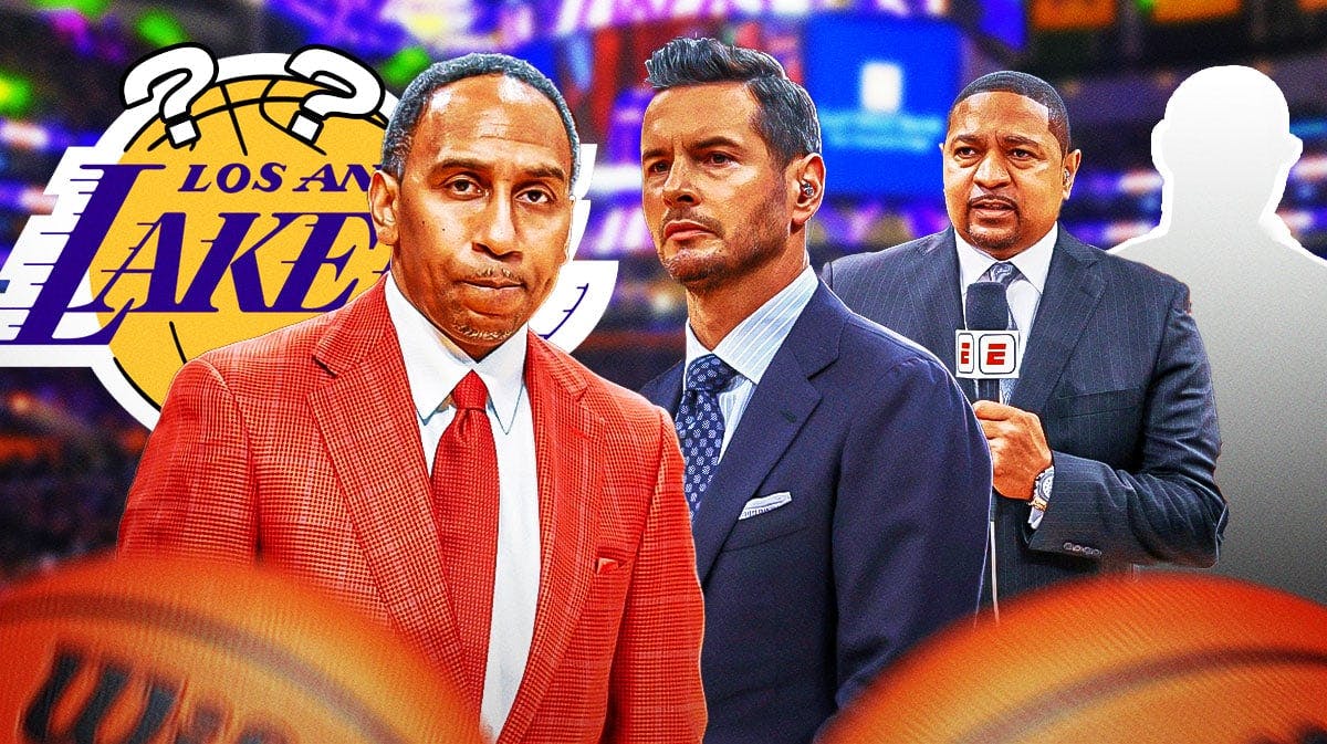 Stephen A. Smith looking angry, with JJ Redick, Mark Jackson and silhouette of Jeff Van Gundy (only Van Gundy is a silhouette) beside Smith; Lakers logo and question marks on the side
