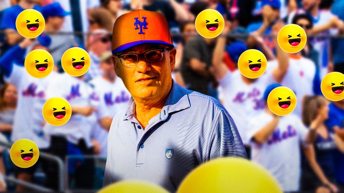 Steve Cohen on one side, a bunch of New York Mets fans on the other side with crying laughing emojis over their faces