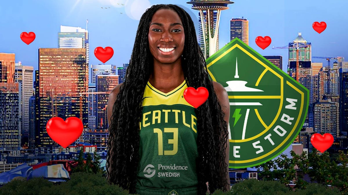Seattle Storm player Ezi Magbegor and the Seattle Storm logo, with hearts around both the logo and Magbegor, and the city of Seattle, Washington as the background