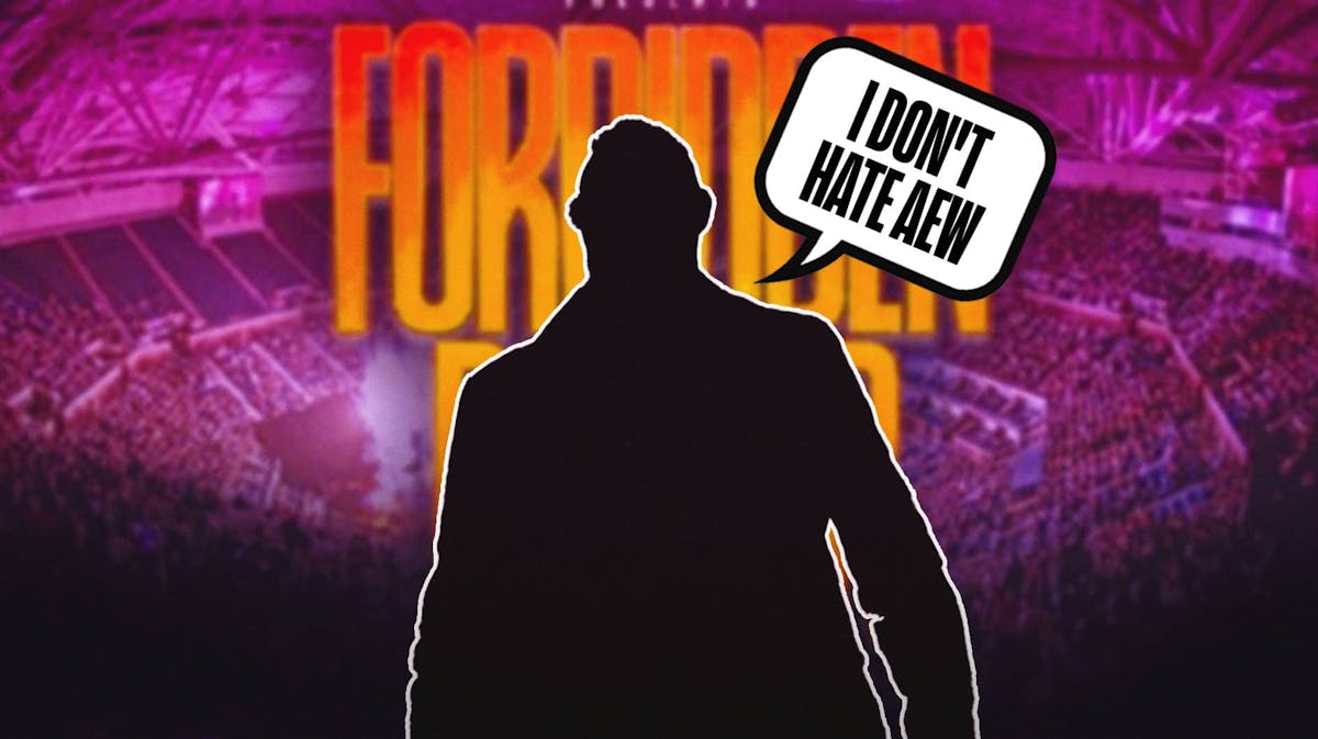 The blacked-out silhouette of Dijak with a text bubble reading "I don't hate AEW" with the AEW Forbidden Door logo as the background.
