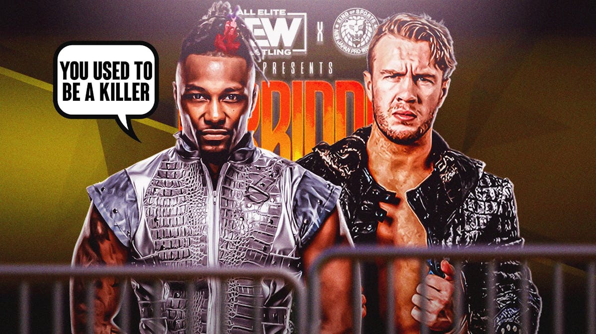 Swerve Strickland with a text bubble reading "You used to be a killer" next to Will Ospreay with the AEW Forbidden Door logo as the background.