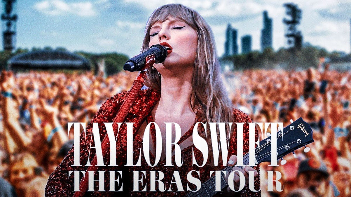 Taylor Swift with highest-grossing concert tour of all-time, the Eras Tour, logo and concert crowd background.