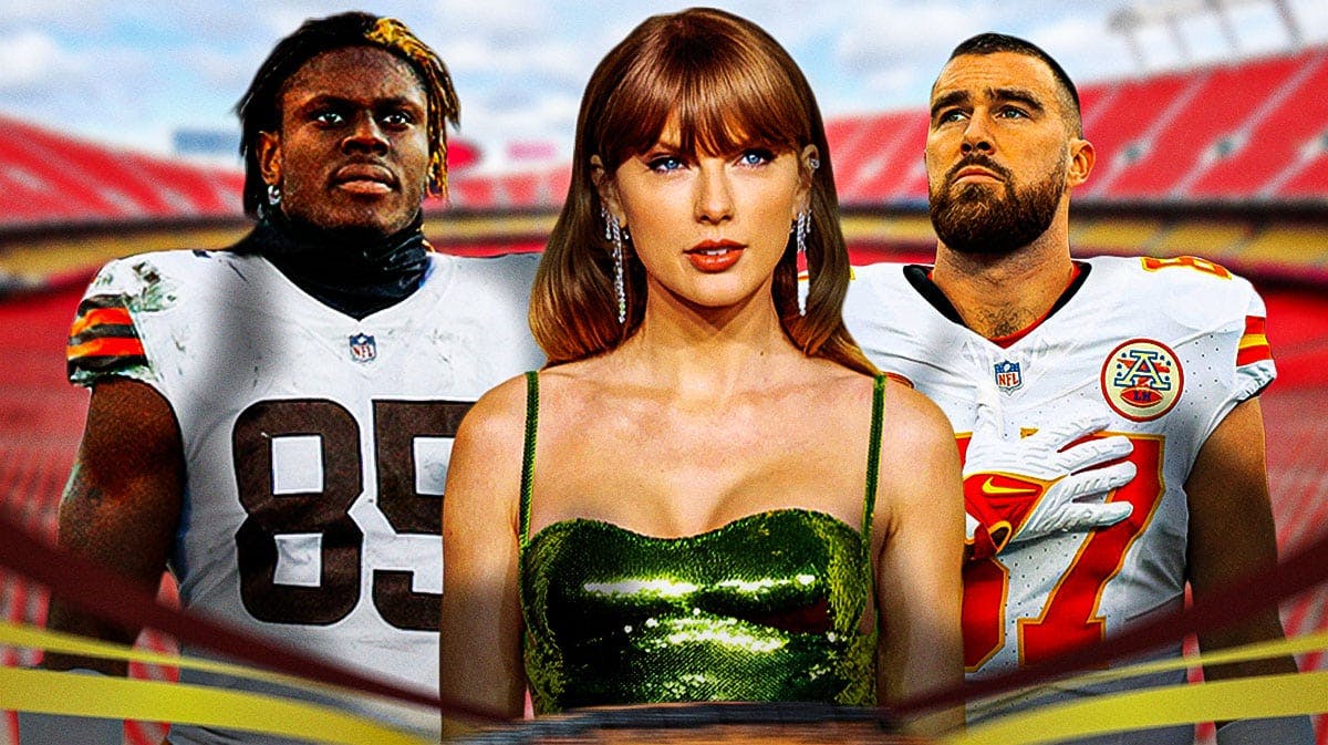 Kansas City Chiefs tight end Travis Kelce with American singer-songwriter Taylor Swift and Cleveland Browns tight end David Njoku.