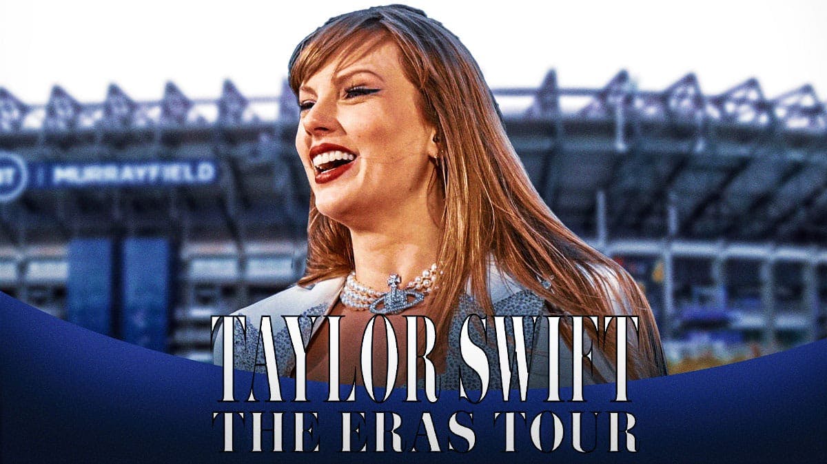 Taylor Swift and Eras Tour logo in front of Murrayfield Stadium in Edinburgh, Scotland, where Swifties caused earthquakes.