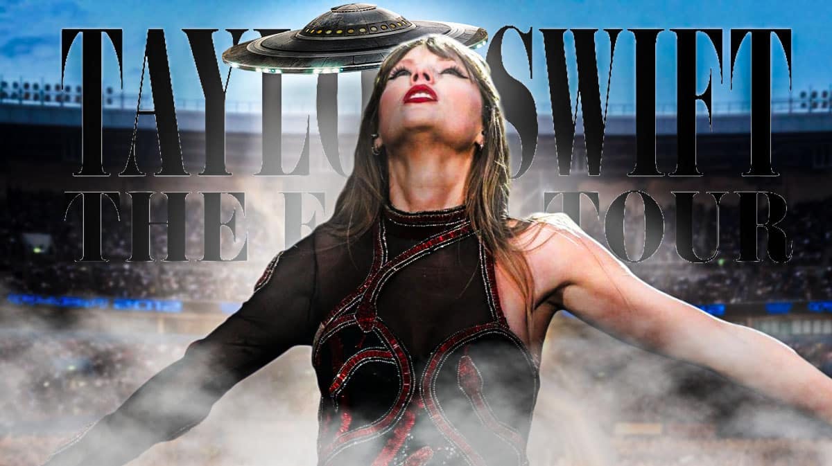 Taylor Swift with Eras tour logo, stadium crowd background and alien UFO above her.