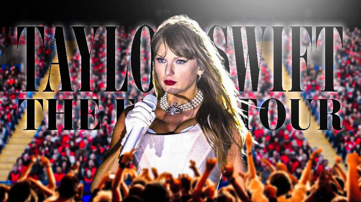 Taylor Swift with The Eras Tour logo and stadium concert background.