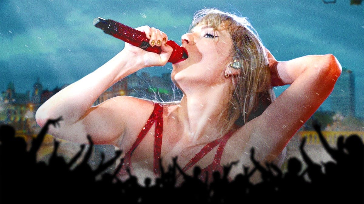 Taylor Swift performing in front of Dublin, Ireland background where Eras tour will play three shows.