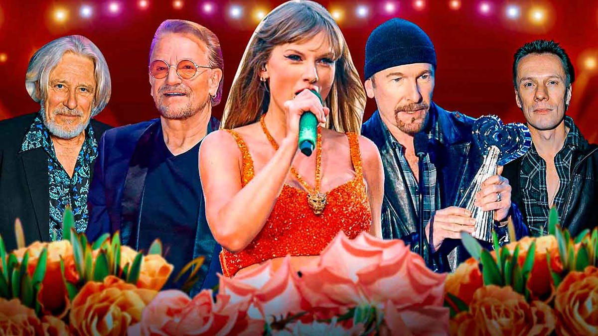 Taylor Swift, who will play three Eras tour shows in Dublin, Ireland, with flowers and U2 members Adam Clayton, Bono, The Edge, and Larry Mullen Jr.