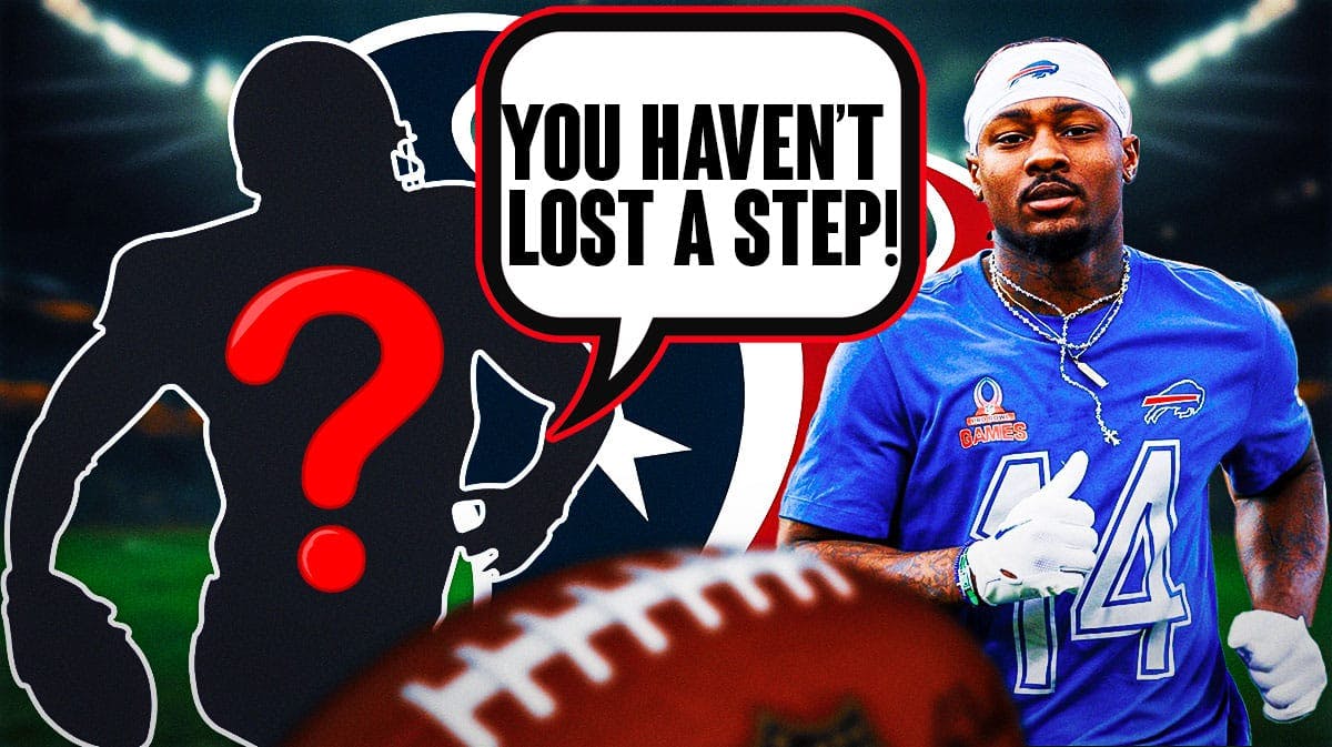 Houston Texans wide receiver Stefon Diggs with a silhouette of an American football player with a big question mark emoji inside. The silhouette has a speech bubble that says “You haven’t lost a step!” There is also a logo for the Houston Texans.