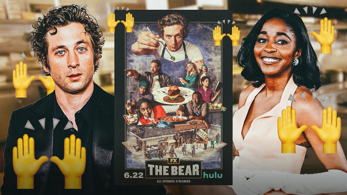 Jeremy Allen White and Ayo Edebiri with The Bear Season 3 poster, kitchen background, and praise hands emojis.