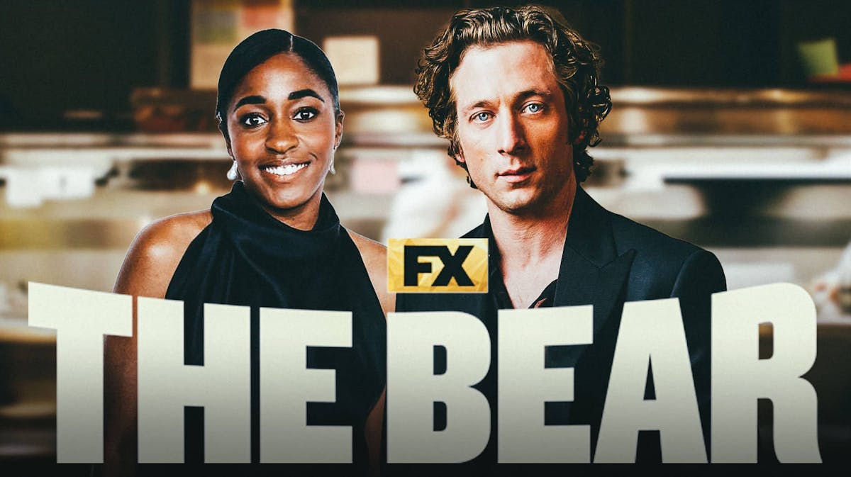 The Bear logo with Season 3 stars Ayo Edebiri and Jeremy Allen White and restaurant kitchen background.
