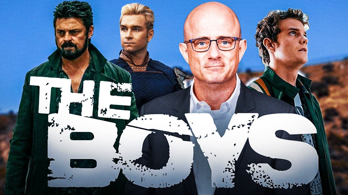The Boys Prime Video series logo with creator Eric Kripke, Billy Butcher (Karl Urban), Hughie Campbell (Jack Quaid), and Homelander (Antony Starr) from series in background.