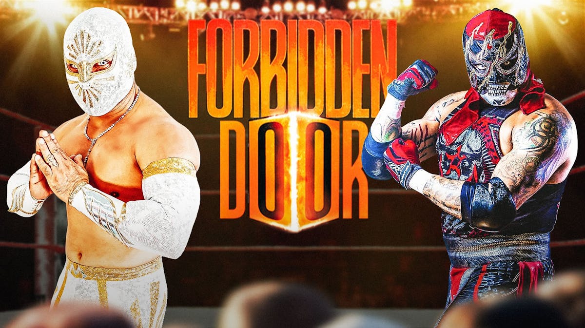 CMLL's Mystico and Penta El Zero M in front of the 2024 Forbidden Door logo