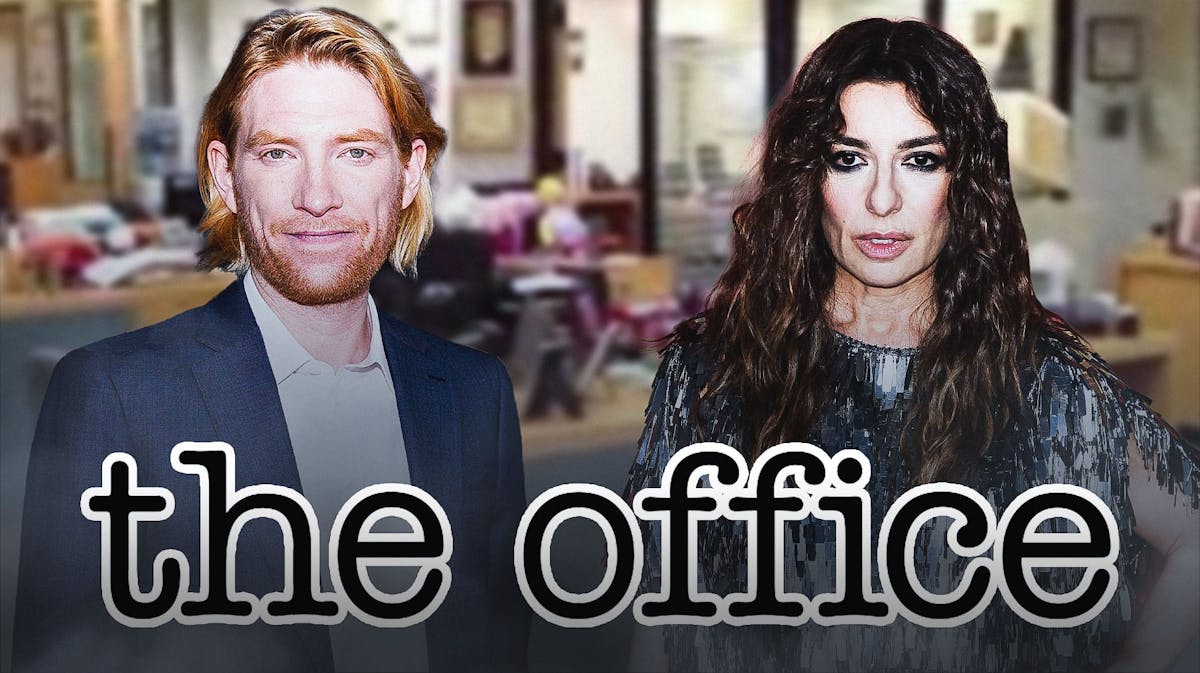 The Office logo and background with The Paper spin-off series stars Domhnall Gleeson and Sabrina Impacciatore.