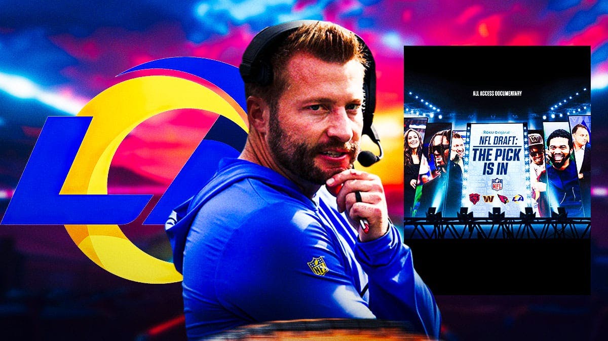 Los Angeles Rams logo and coach Sean McVay with NFL Draft: The Pick Is In Season 2 poster.