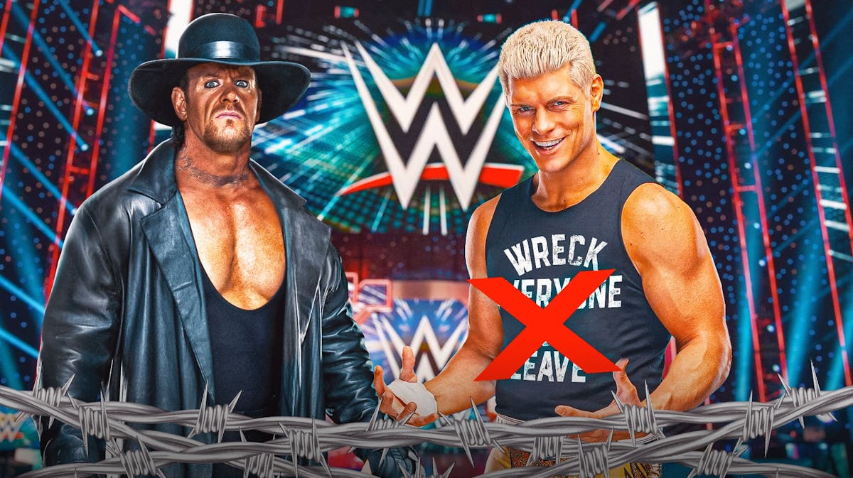 The Undertaker next to Cody Rhodes wearing a Roman Reigns shirt with an X over it with the WWE logo as the background.