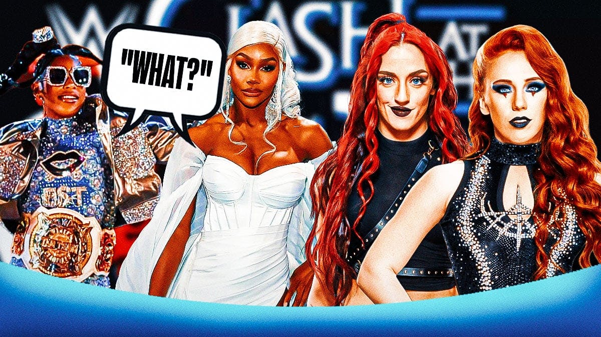 Bianca Belair and Jade Cargill with a shared text bubble reading "What?" on the left, Alba Fire and Isla Dawn on the right, with the 2024 Clash at the Castle logo as the background.