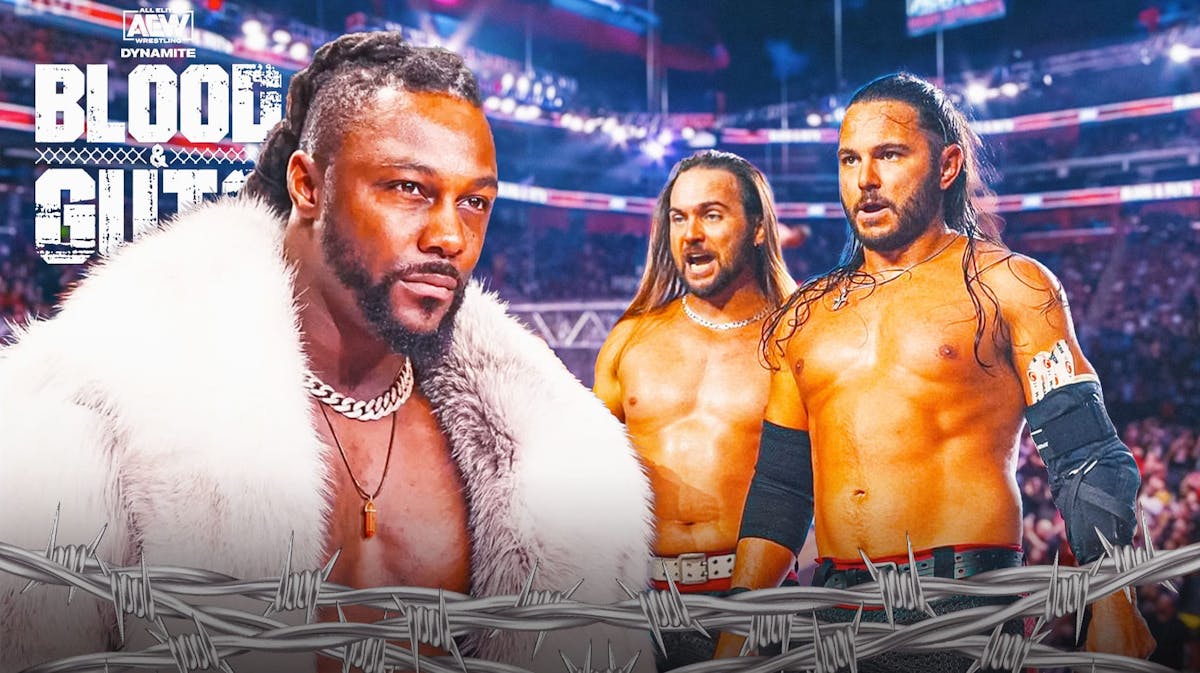 Swerve Strickland on the left and the Young Bucks on the right with the AEW Blood and Guts logo as the background.