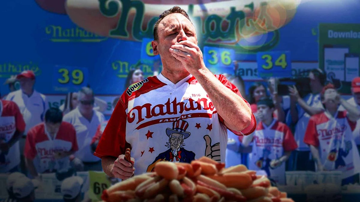 Joey Chestnut, a pile of hot dogs and imagery from Nathan's Famous 4th of July hot dog eating contest