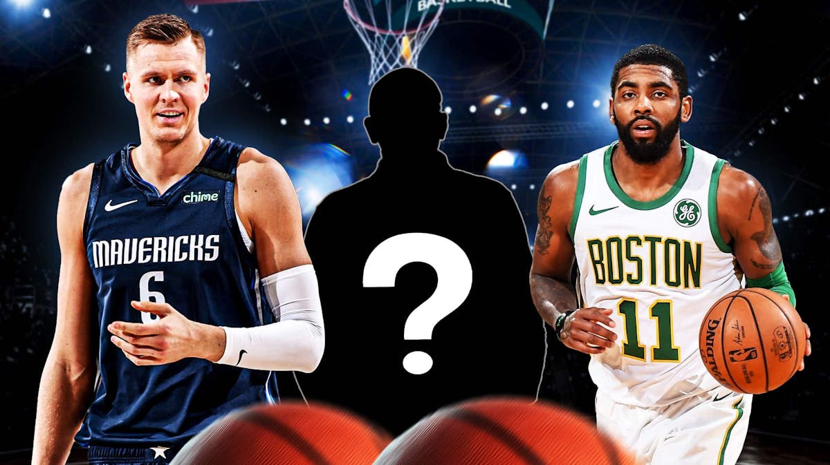 Kyrie Irving in his old Celtics uniform, and Kristaps Porzingis in his old Dallas Mavericks uniform, and then a silhouette of Jason Kidd in between them (but just his cutout with a question mark over the silhouette so we don't give away that it's him)
