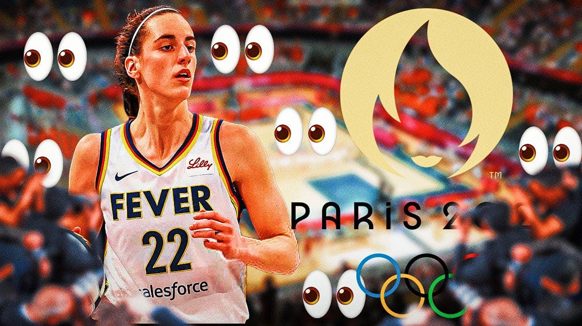 Caitlin Clark of the Indiana Fever with eyes around her and the Olympic logo