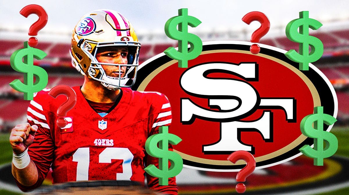 San Francisco 49ers QB Brock Purdy surrounded by green dollar sign emojis and question mark emojis. There is also a logo for the San Francisco 49ers.
