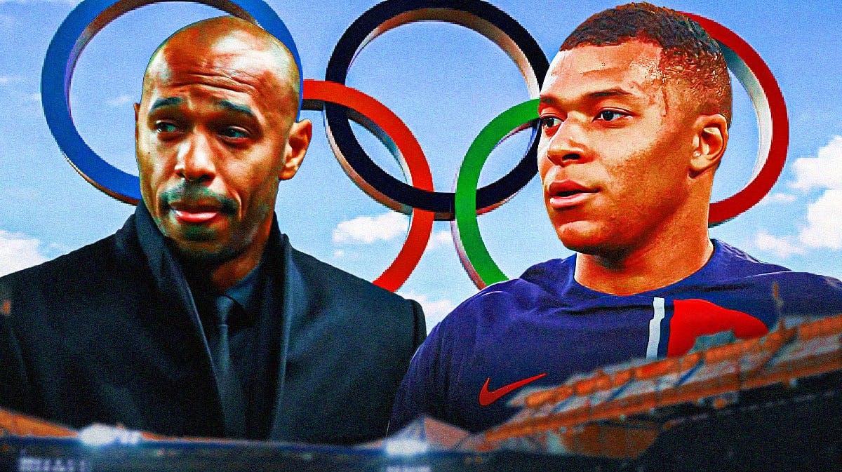 Thierry Henry and Kylian Mbappe in front of the Olympic rings