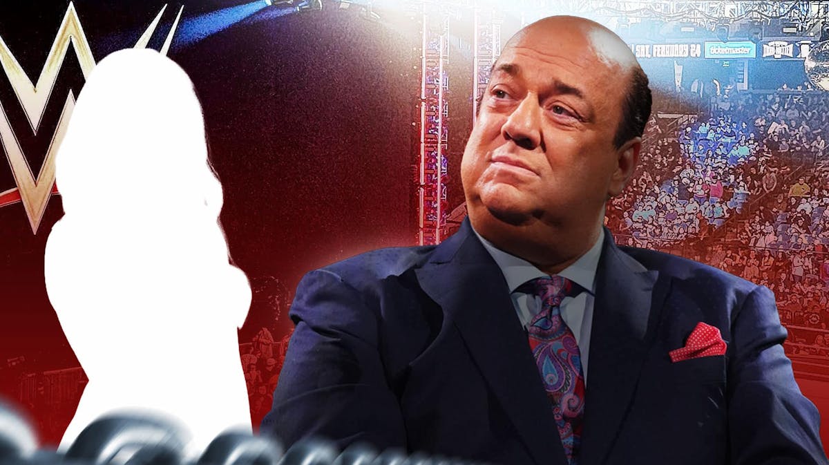Paul Heyman next to the blacked-out silhouette of Kayla Braxton with the WWE logo as the background.