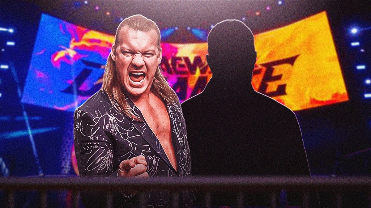 2024 Chris Jericho next to the blacked-out silhouette of Adam Copeland with the AEW Dynamite logo as the background.