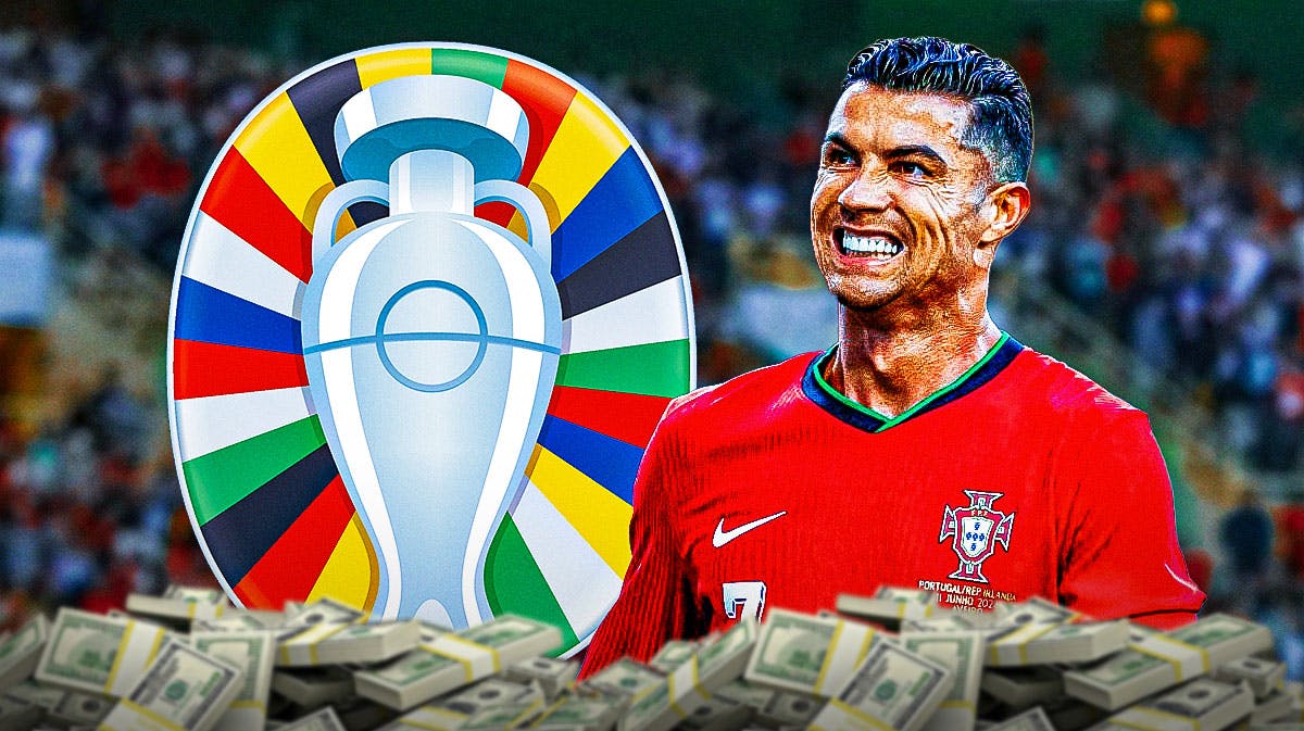 Cristiano Ronaldo in front of the Euro 2024 logo, money falling from the air around him