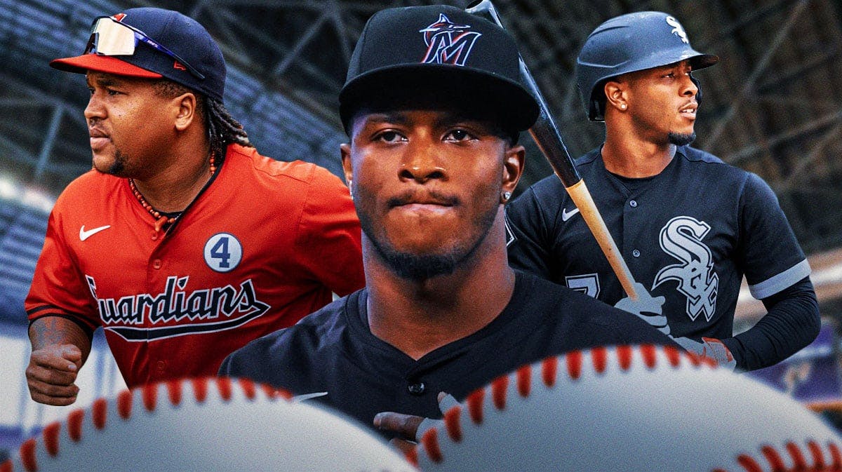 Marlins' Tim Anderson looking serious in front. In background, need Guardians' Jose Ramirez and White Sox's Tim Anderson both looking serious.