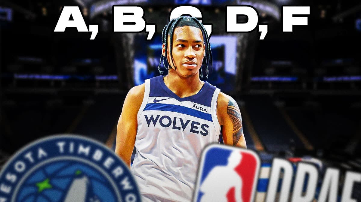 Rob Dillingham in a Timberwolves jersey. Around the graphic are the letters A, B, C, D, and F. Timberwolves logo and 2024 NBA Draft logo in front.