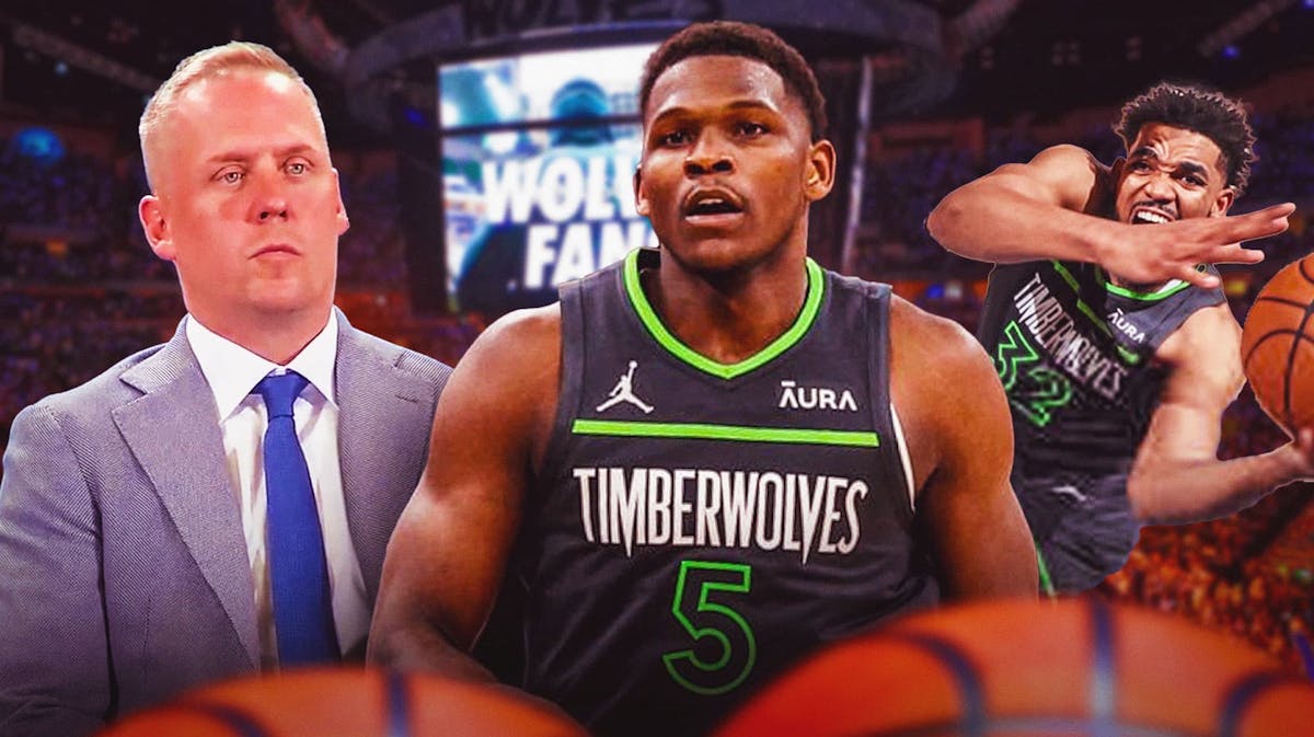 Timberwolves' Anthony Edwards, Karl-Anthony Towns hyped up, with Tim Connelly beside them