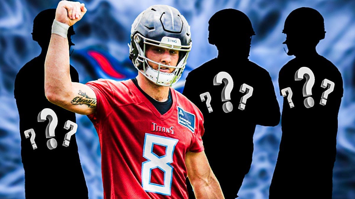 Will Levis in the middle, 3 mystery players around him, Tennessee Titans wallpaper in the background
